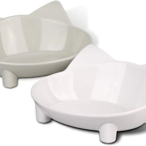 2 Pack Cat Bowls, Multi-purpose Pet Feeding Bowl, Anti-slip Cat Shaped Food and Water Feeder (White/Grey)