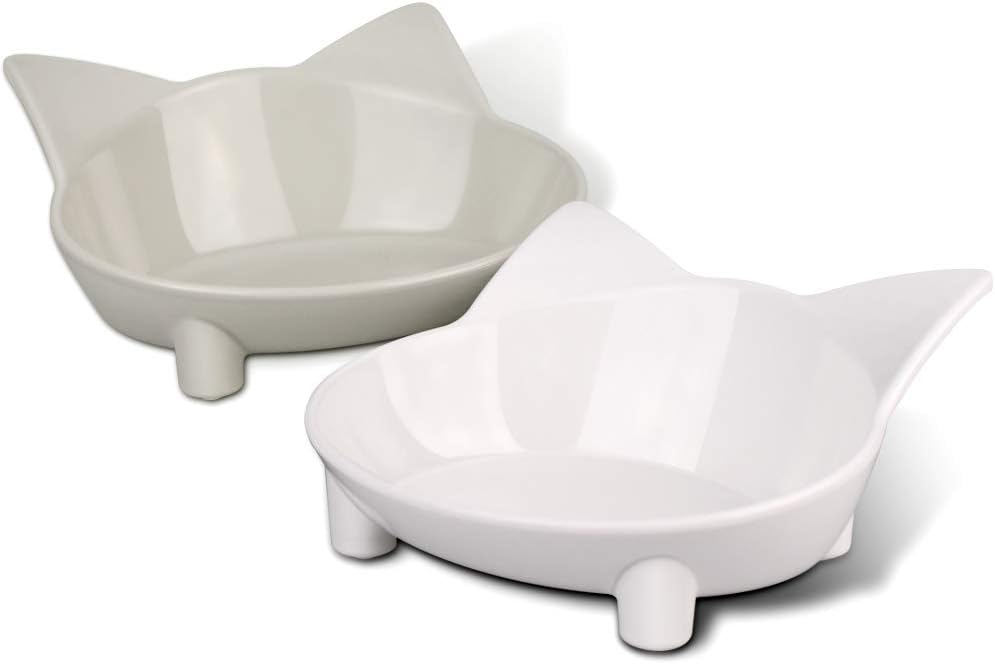 2 Pack Cat Bowls, Multi-purpose Pet Feeding Bowl, Anti-slip Cat Shaped Food and Water Feeder (White/Grey)