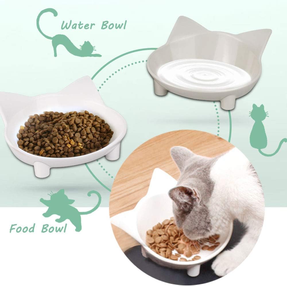 2 Pack Cat Bowls, Multi-purpose Pet Feeding Bowl, Anti-slip Cat Shaped Food and Water Feeder (White/Grey) - Image 2