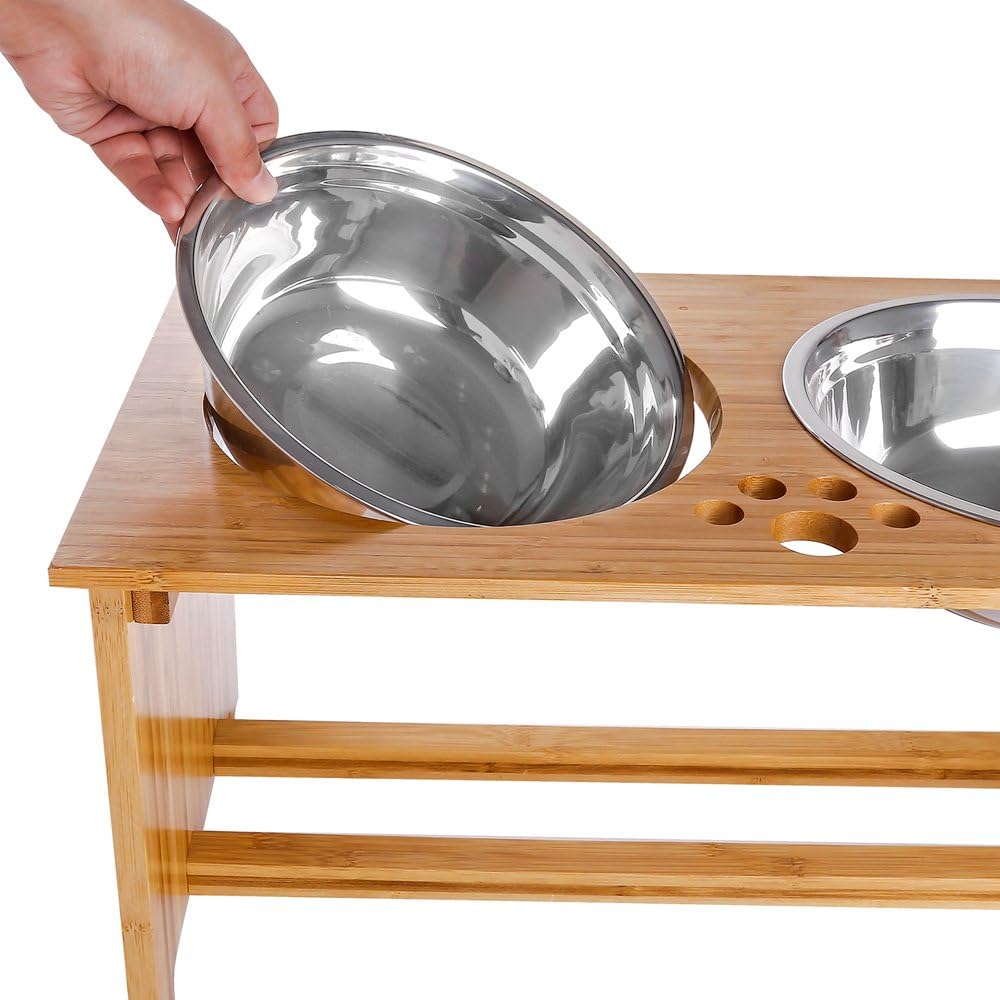 Elevated Bamboo Dog and Cat Food and Water Bowl Stand with 2 Stainless Steel Bowls, Anti-Slip Feet, 25.4 cm High - Image 7