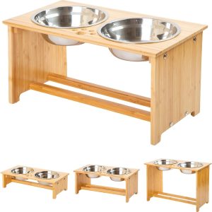 Elevated Bamboo Dog and Cat Food and Water Bowl Stand with 2 Stainless Steel Bowls, Anti-Slip Feet, 25.4 cm High