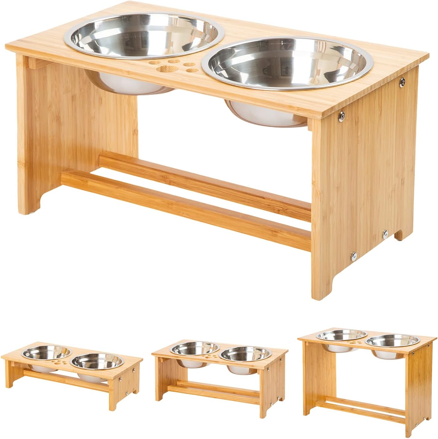 Elevated Bamboo Dog and Cat Food and Water Bowl Stand with 2 Stainless Steel Bowls, Anti-Slip Feet, 25.4 cm High