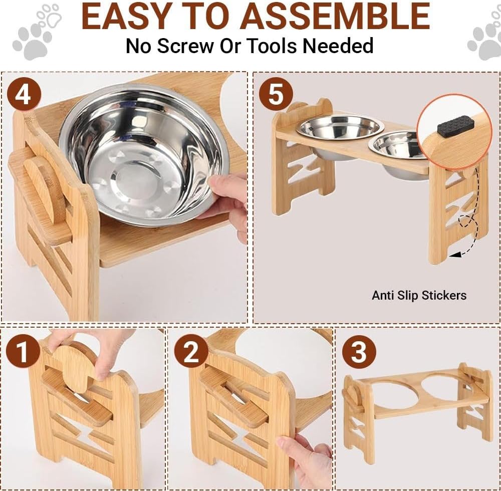 Elevated Dog Bowl Set – 6 Adjustable Heights (5-15cm), 15° Slanted Bamboo Stand with 2 Stainless Steel Bowls for Small Dogs & Puppies - Image 3