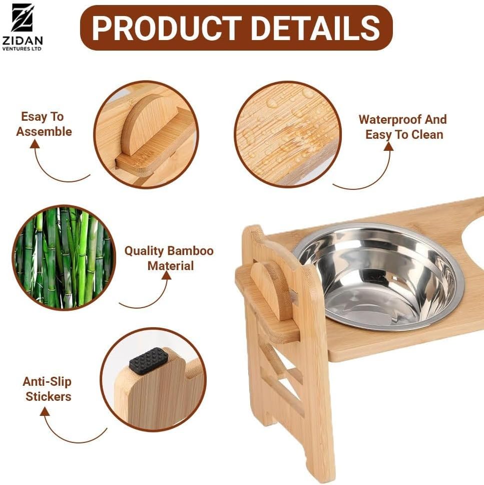 Elevated Dog Bowl Set – 6 Adjustable Heights (5-15cm), 15° Slanted Bamboo Stand with 2 Stainless Steel Bowls for Small Dogs & Puppies - Image 6