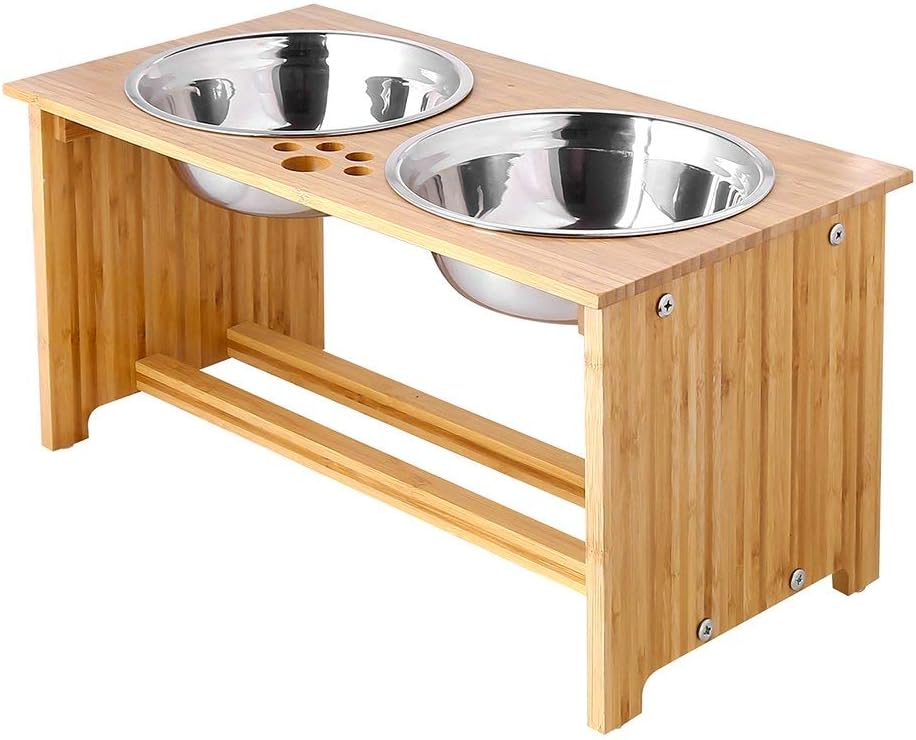 Elevated Bamboo Dog and Cat Food and Water Bowl Stand with 2 Stainless Steel Bowls, Anti-Slip Feet, 25.4 cm High - Image 9