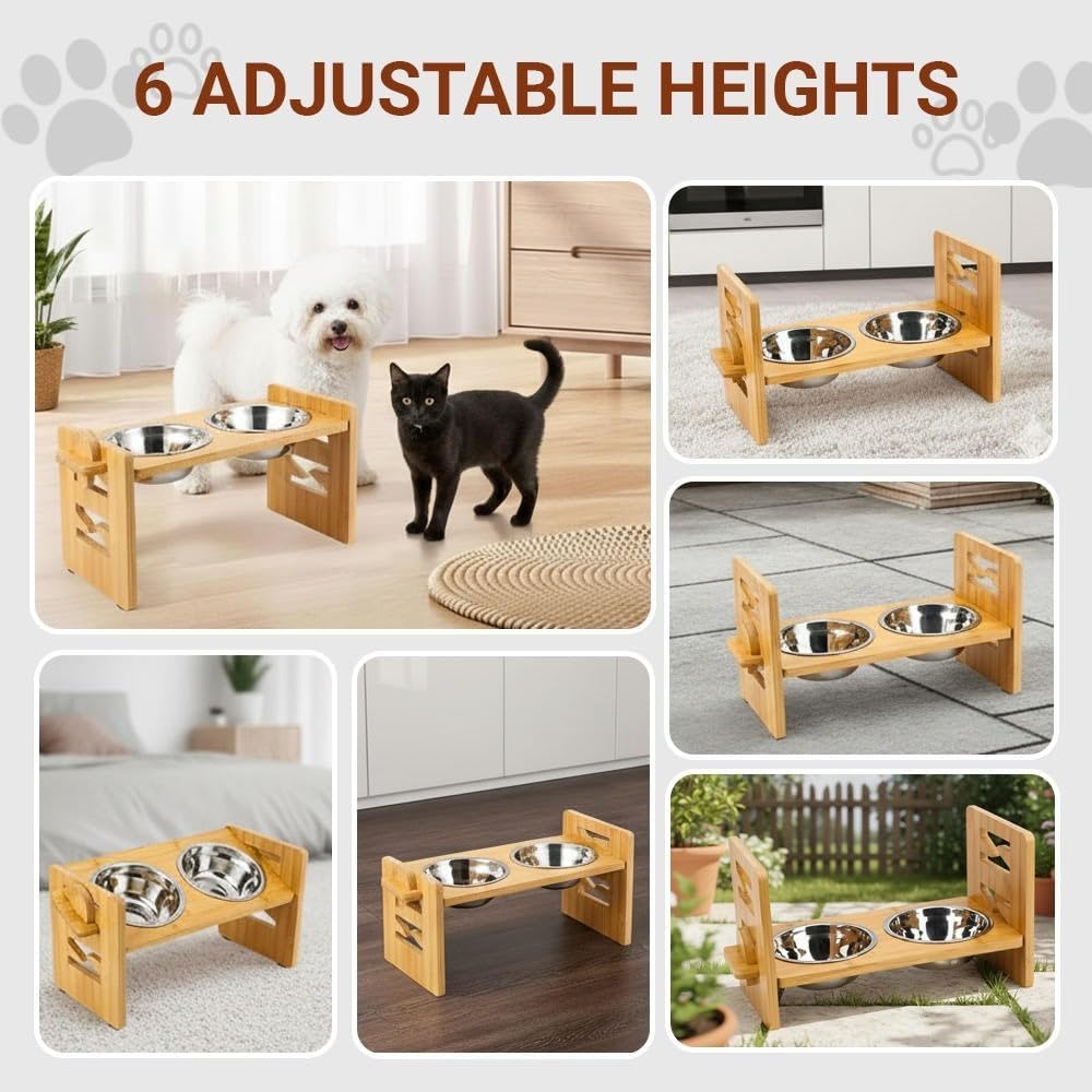 Elevated Dog Bowl Set – 6 Adjustable Heights (5-15cm), 15° Slanted Bamboo Stand with 2 Stainless Steel Bowls for Small Dogs & Puppies - Image 5