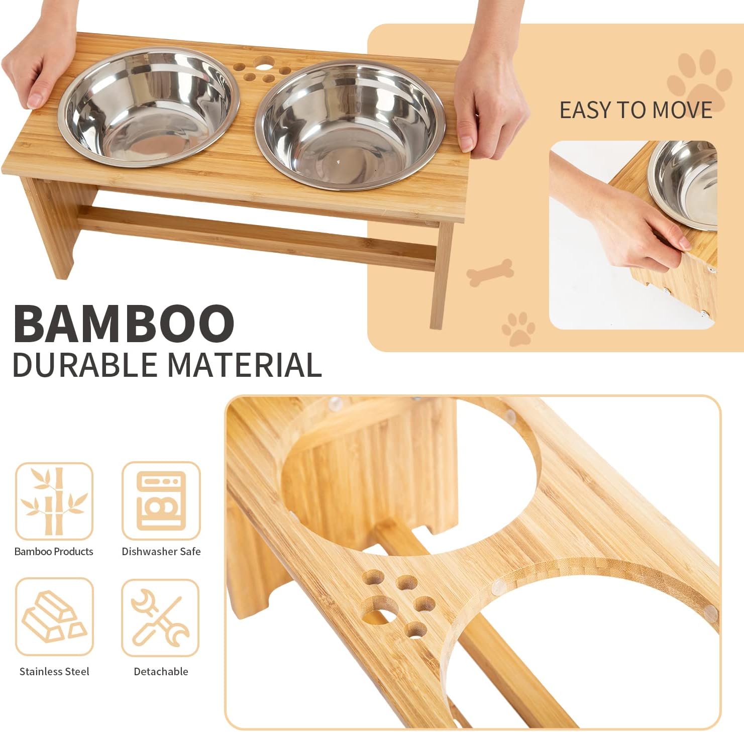 Elevated Bamboo Dog and Cat Food and Water Bowl Stand with 2 Stainless Steel Bowls, Anti-Slip Feet, 25.4 cm High - Image 3