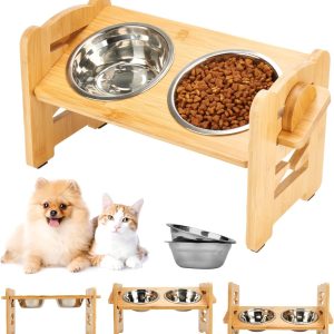 Elevated Dog Bowl Set – 6 Adjustable Heights (5-15cm), 15° Slanted Bamboo Stand with 2 Stainless Steel Bowls for Small Dogs & Puppies