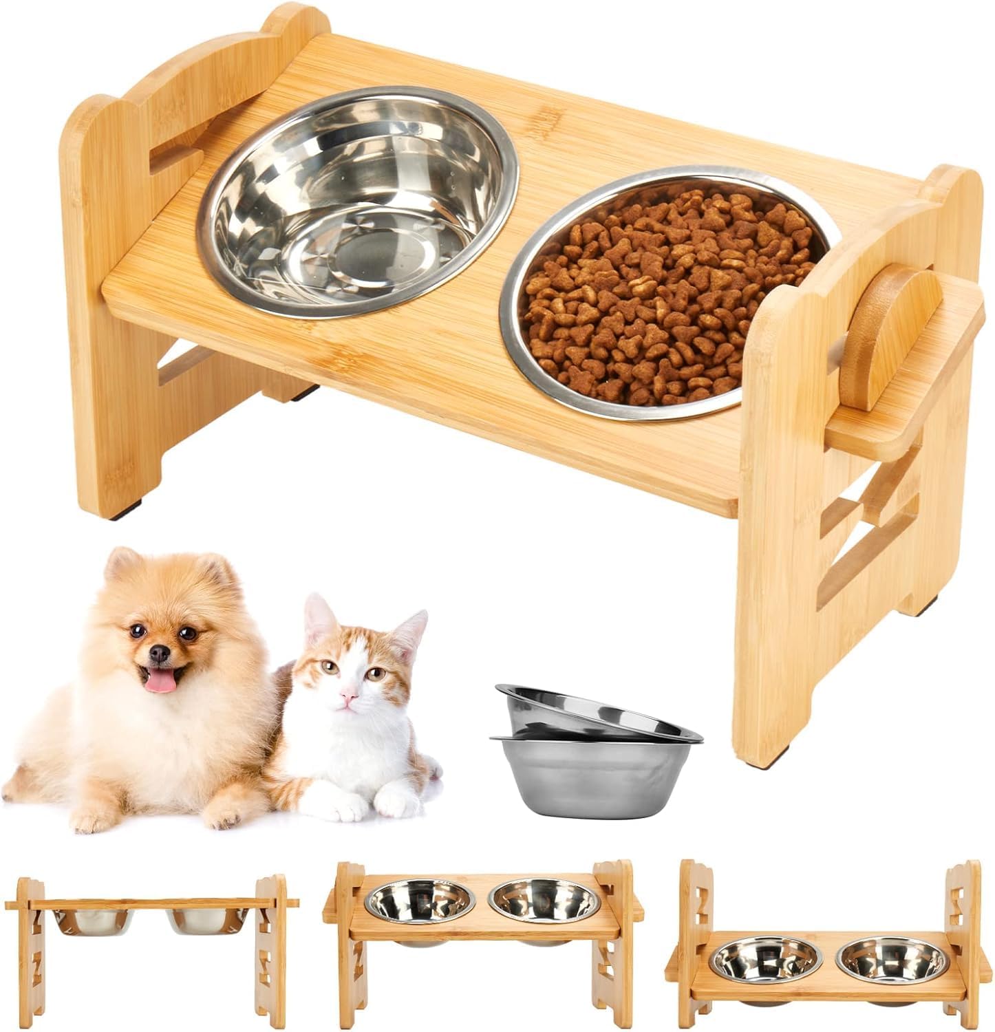 Elevated Dog Bowl Set – 6 Adjustable Heights (5-15cm), 15° Slanted Bamboo Stand with 2 Stainless Steel Bowls for Small Dogs & Puppies