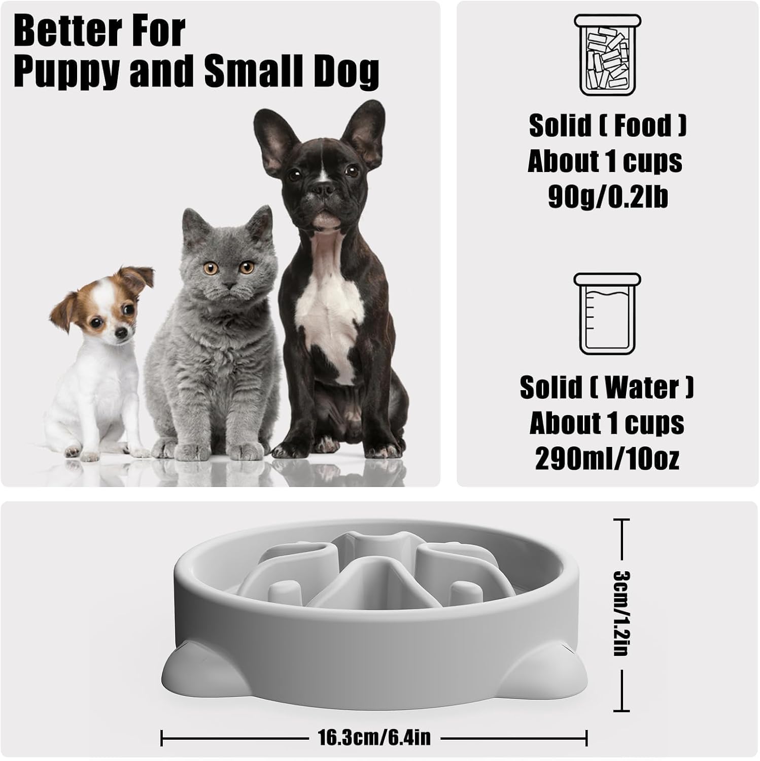 Small 16cm Anti-Choking Slow Feeder Dog Bowl, Grey - Image 2