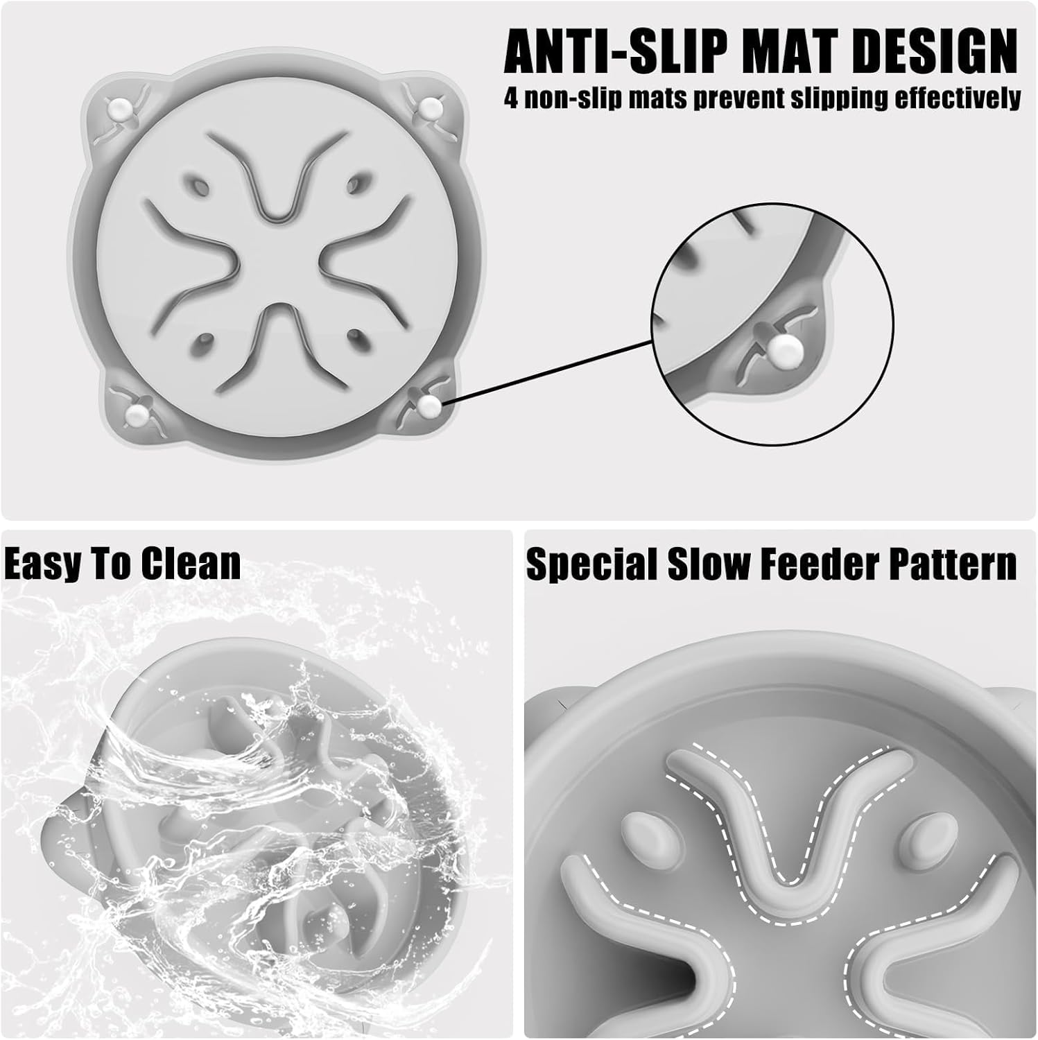 Small 16cm Anti-Choking Slow Feeder Dog Bowl, Grey - Image 3
