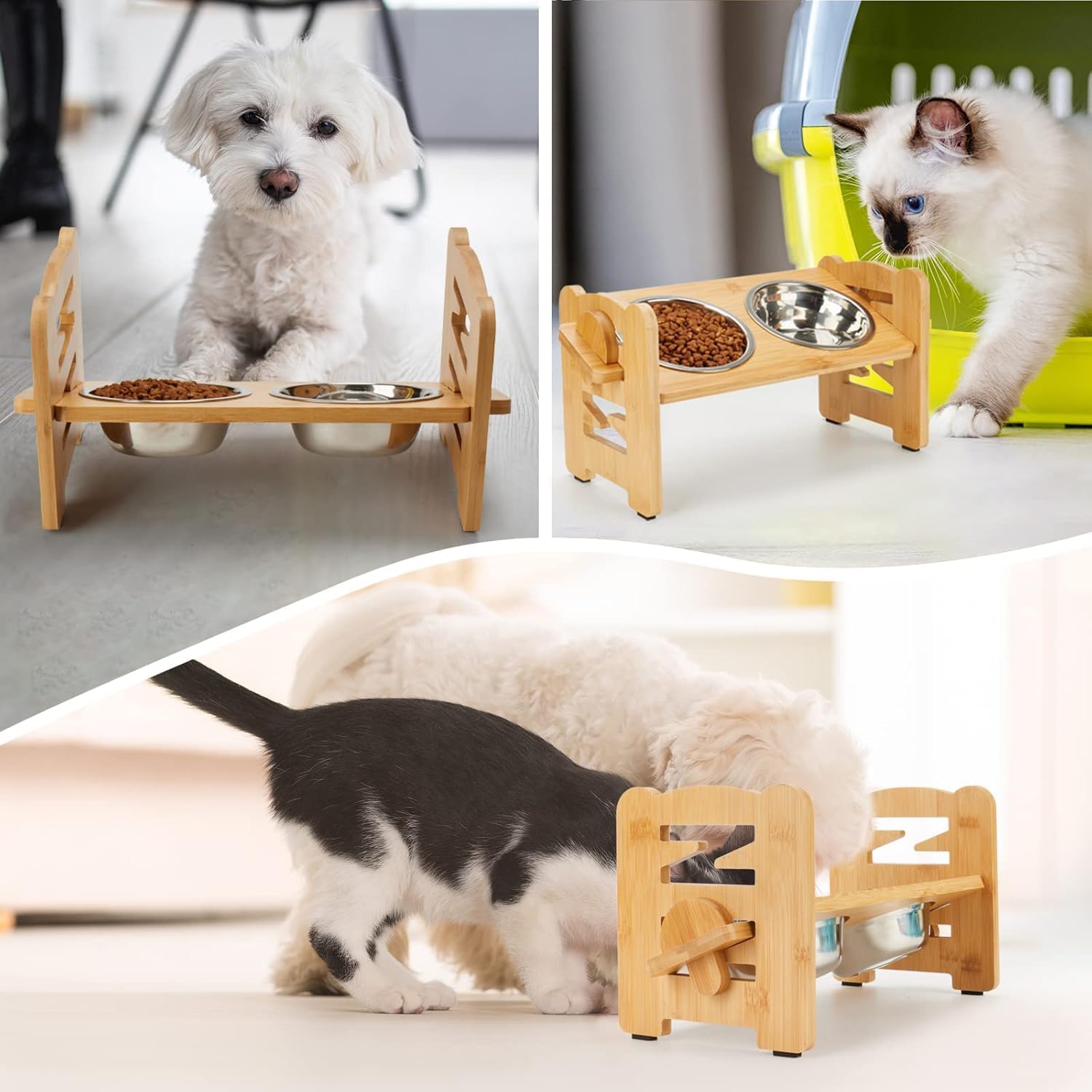 Elevated Dog Bowl Set – 6 Adjustable Heights (5-15cm), 15° Slanted Bamboo Stand with 2 Stainless Steel Bowls for Small Dogs & Puppies - Image 7