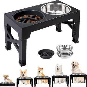 Elevated Slow Feeder Dog Bowl, Adjustable Raised Stand with Slow Feeder Insert, 5 Heights (8-31cm), Anti-Slip, Foldable, Black