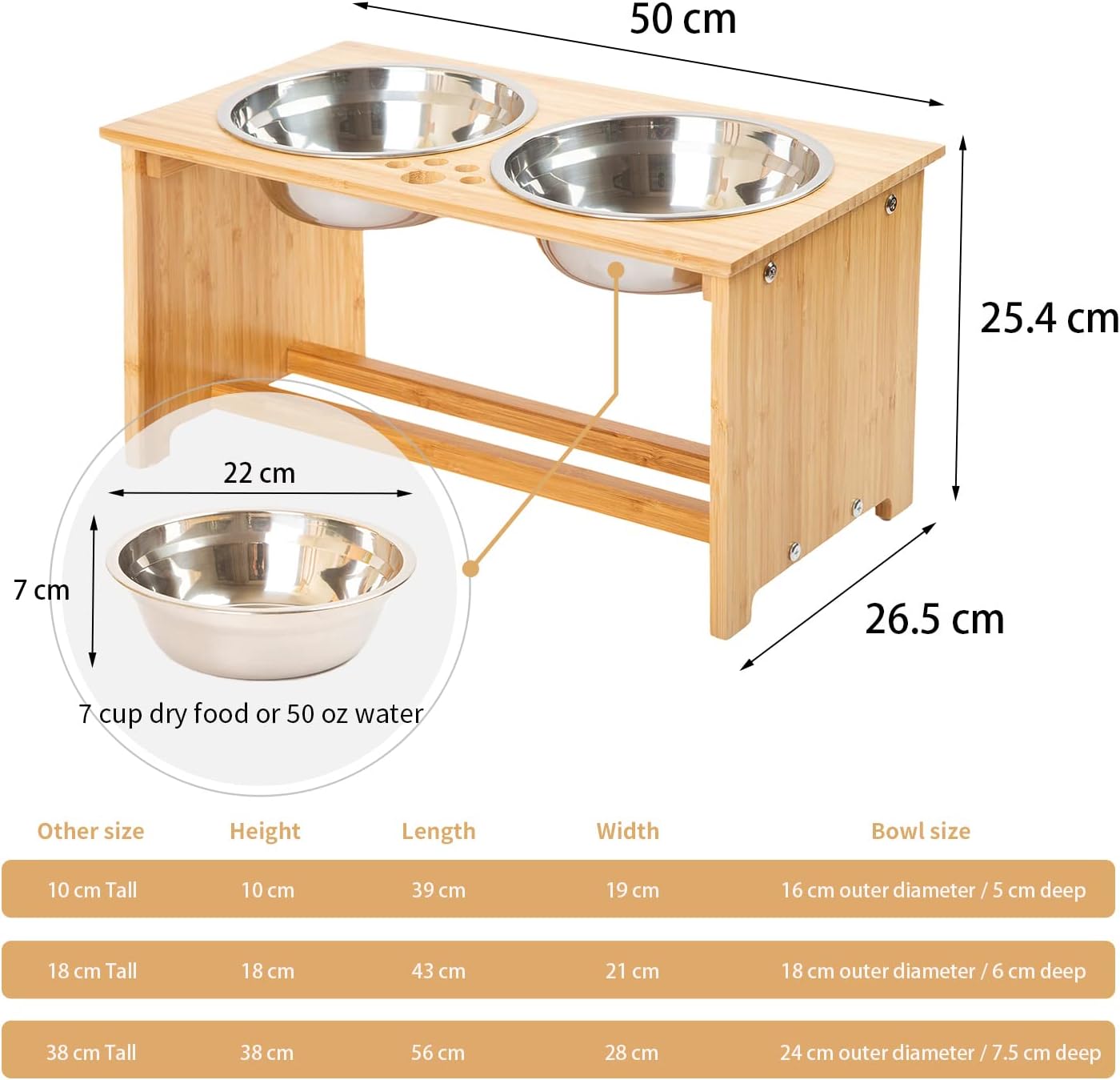 Elevated Bamboo Dog and Cat Food and Water Bowl Stand with 2 Stainless Steel Bowls, Anti-Slip Feet, 25.4 cm High - Image 2