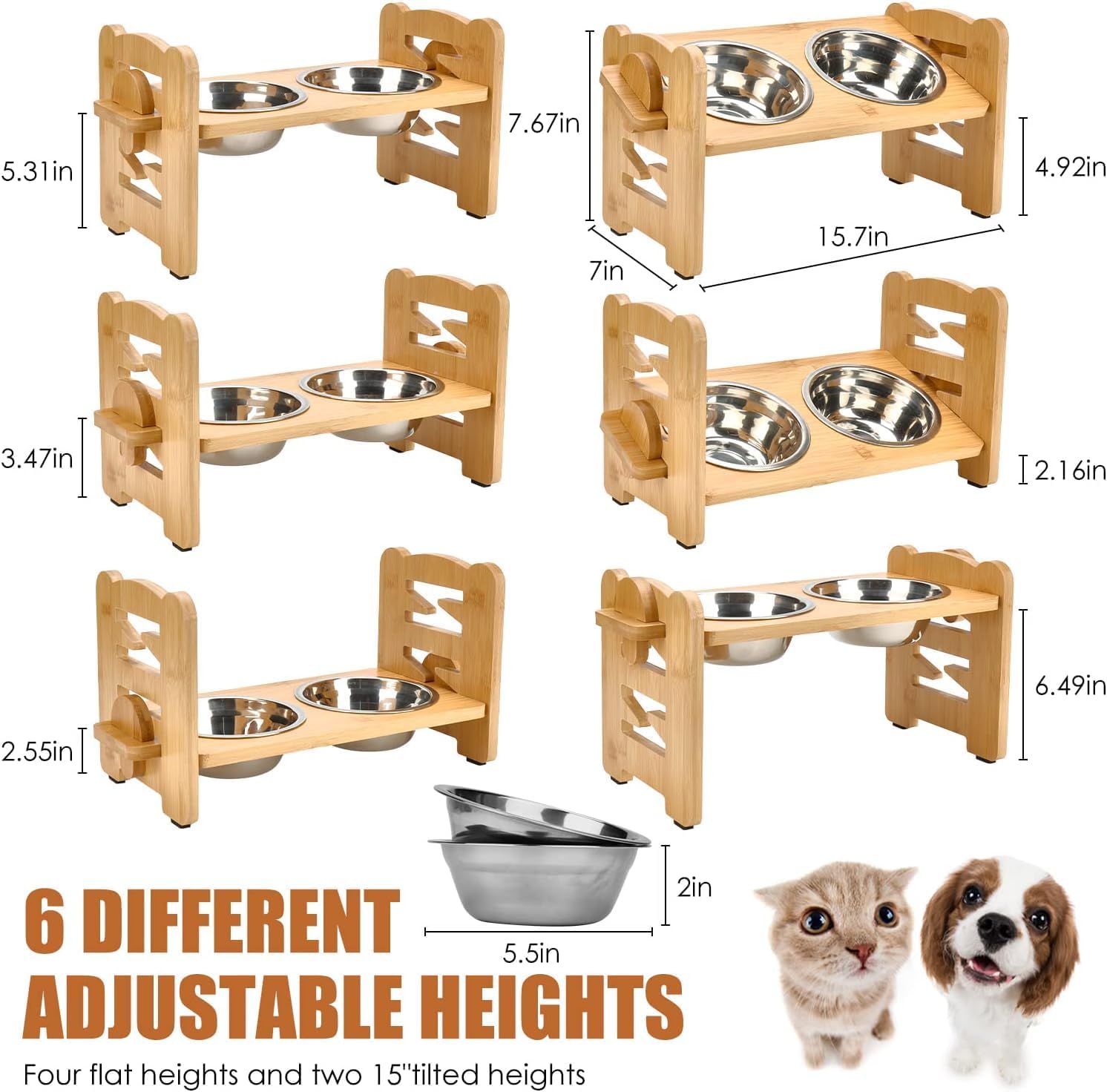 Elevated Dog Bowl Set – 6 Adjustable Heights (5-15cm), 15° Slanted Bamboo Stand with 2 Stainless Steel Bowls for Small Dogs & Puppies - Image 2