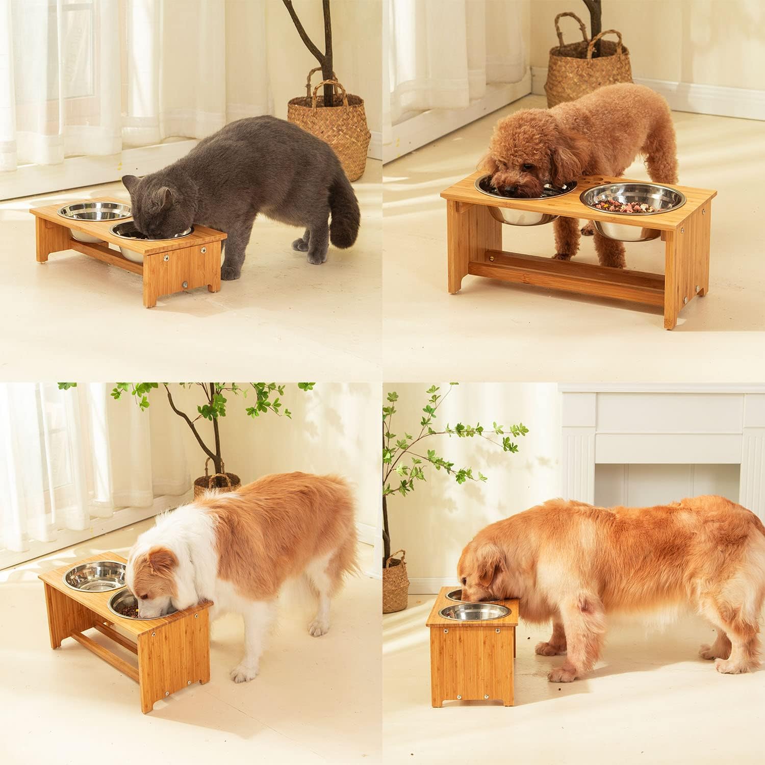 Elevated Bamboo Dog and Cat Food and Water Bowl Stand with 2 Stainless Steel Bowls, Anti-Slip Feet, 25.4 cm High - Image 6