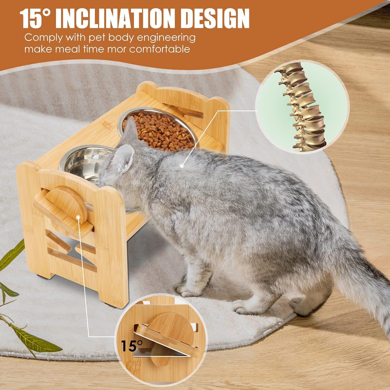 Elevated Dog Bowl Set – 6 Adjustable Heights (5-15cm), 15° Slanted Bamboo Stand with 2 Stainless Steel Bowls for Small Dogs & Puppies - Image 4